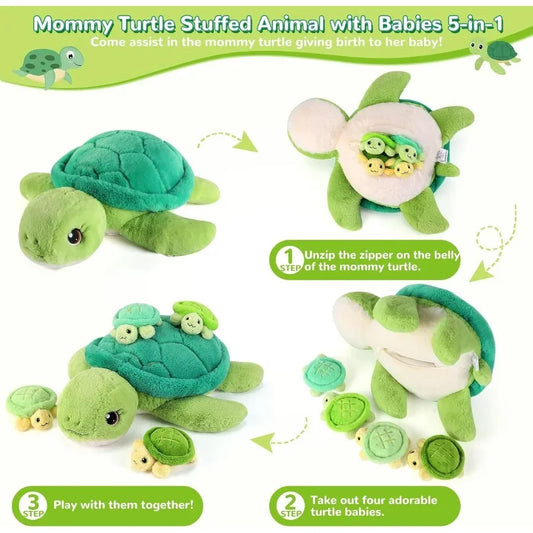 5 Pieces Turtle Stuffed Animals - 1 Mommy Stuffed Turtle with 4 Babies - Tortoise Plush Toys for Girls Age 3-8 - Soft White and