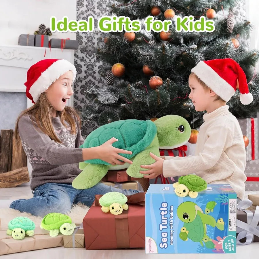 5 Pieces Turtle Stuffed Animals - 1 Mommy Stuffed Turtle with 4 Babies - Tortoise Plush Toys for Girls Age 3-8 - Soft White and