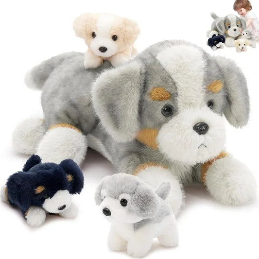 5Pcs Australian Shepherd Dog Stuffed Animals 24'' Large Mommy with 4 Puppies Plush Toy for Girl Boy Realistic Border Collie Des