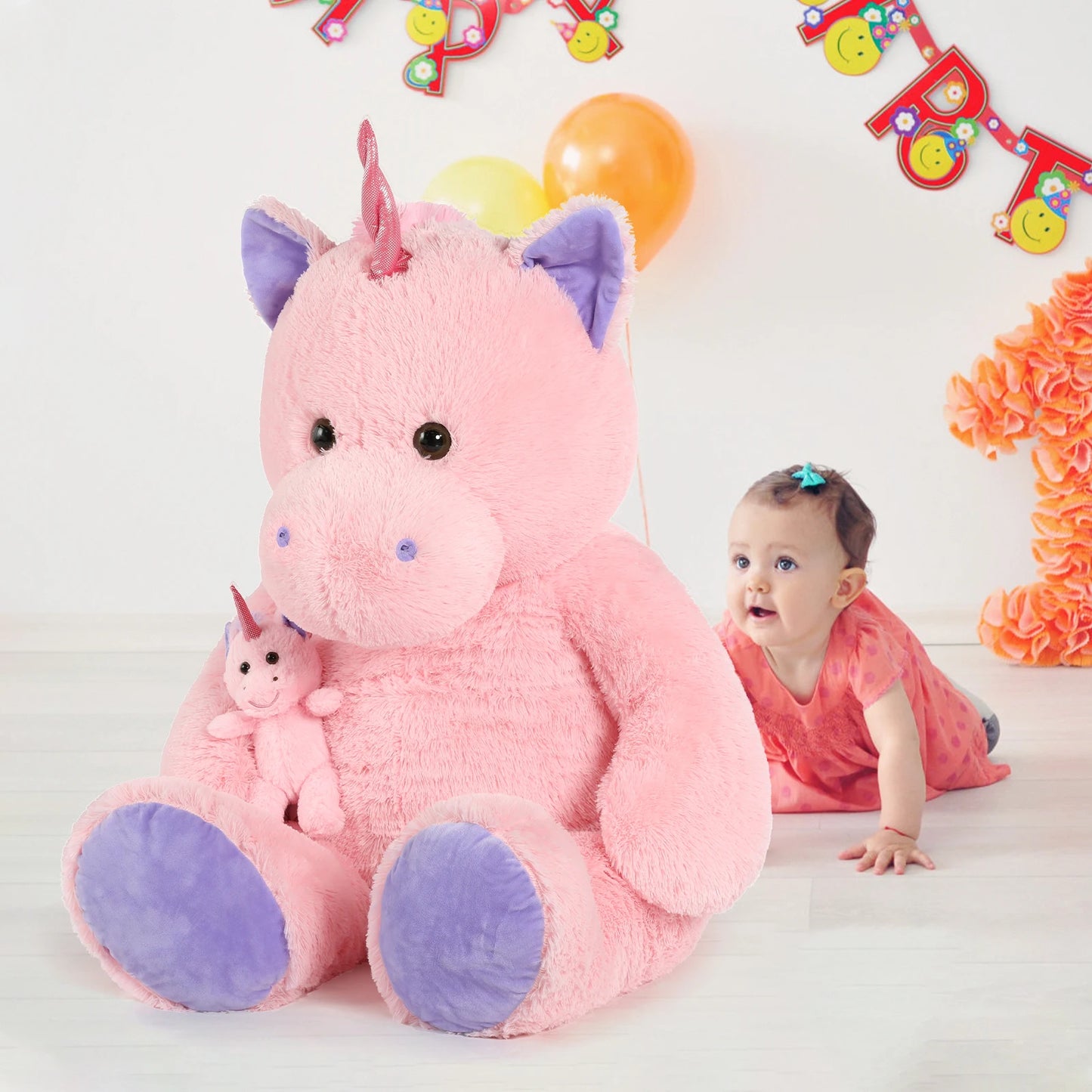 MorisMos Giant Stuffed Unicorn 4 Foot, 51'' Giant Unicorn Stuffed Animal with Baby Pony Doll for Girl Boy Kid Mother, Jumbo Pink