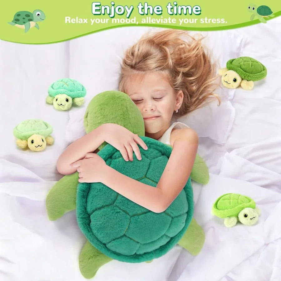 5 Pieces Turtle Stuffed Animals - 1 Mommy Stuffed Turtle with 4 Babies - Tortoise Plush Toys for Girls Age 3-8 - Soft White and