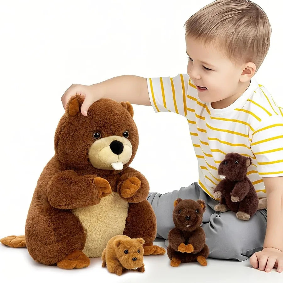 4Pcs Fluffy Giant Beaver Stuffed Animals with Three Babies Inside 17.7 Plush Toys for Teens Baby Shower Christmas Gift Soft Bro