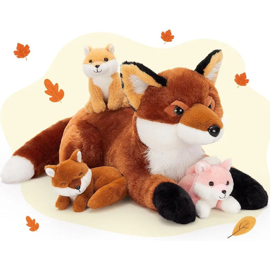 4Pcs Fox Stuffed Animal Set Large Red Fox Plush 22 Inch with 3 Baby Foxes in Zippered Tummy Christmas Plushie Toy Gift for Girl