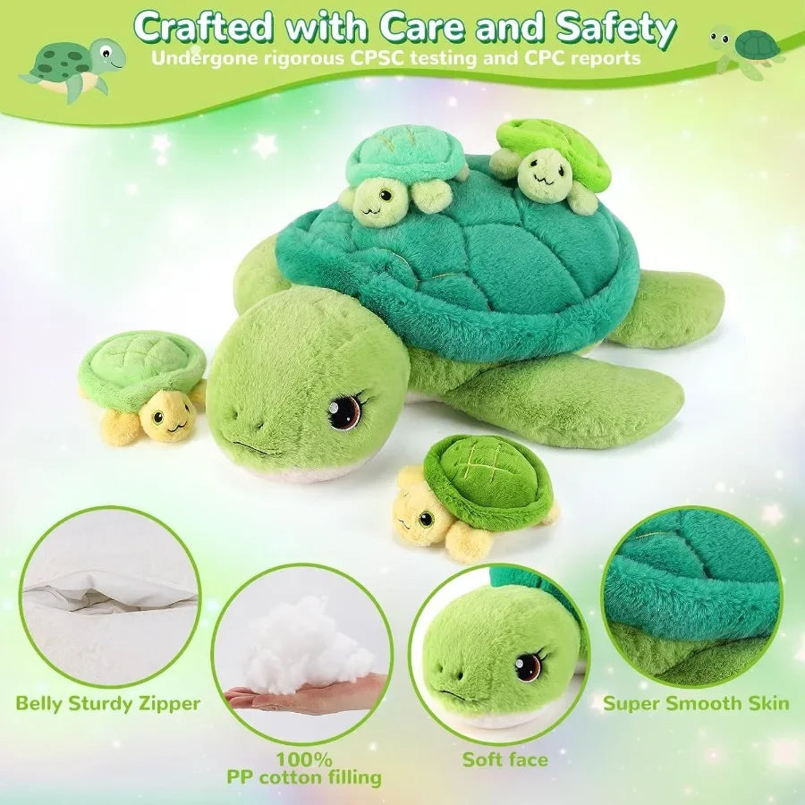 5 Pieces Turtle Stuffed Animals - 1 Mommy Stuffed Turtle with 4 Babies - Tortoise Plush Toys for Girls Age 3-8 - Soft White and