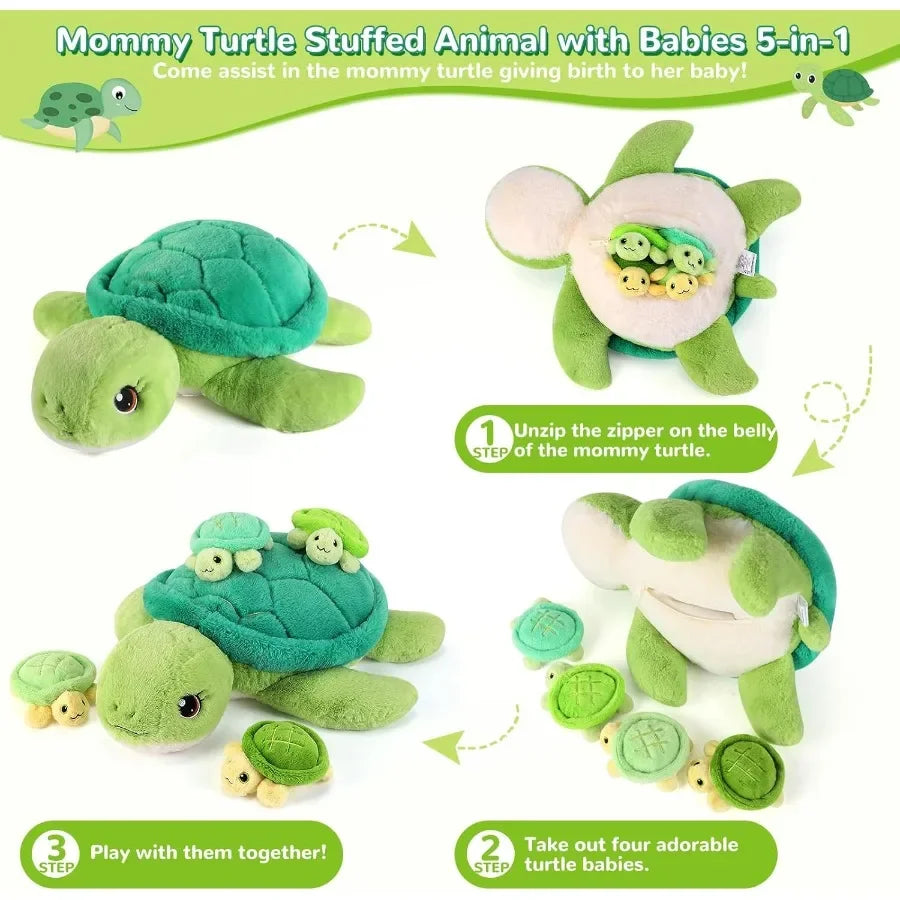 5 Pieces Turtle Stuffed Animals - 1 Mommy Stuffed Turtle with 4 Babies - Tortoise Plush Toys for Girls Age 3-8 - Soft White and