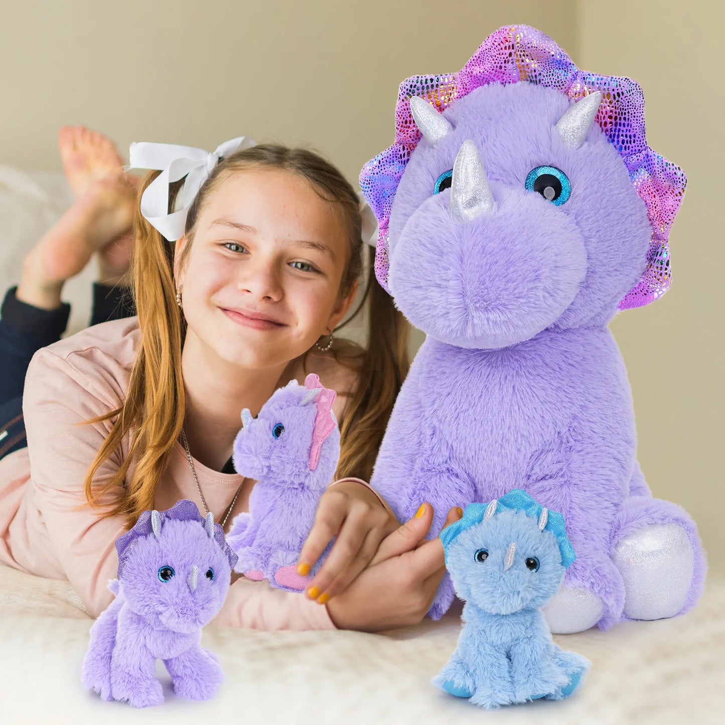 MaoGoLan Triceratops Stuffed Animal, 21" Purple Mommy Dinosaur Stuffed Animal with 3 Babies, Giant Dinosaur Plush Pillow Toy Set