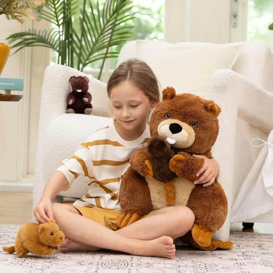 4Pcs Fluffy Giant Beaver Stuffed Animals with Three Babies Inside 17.7 Plush Toys for Teens Baby Shower Christmas Gift Soft Bro