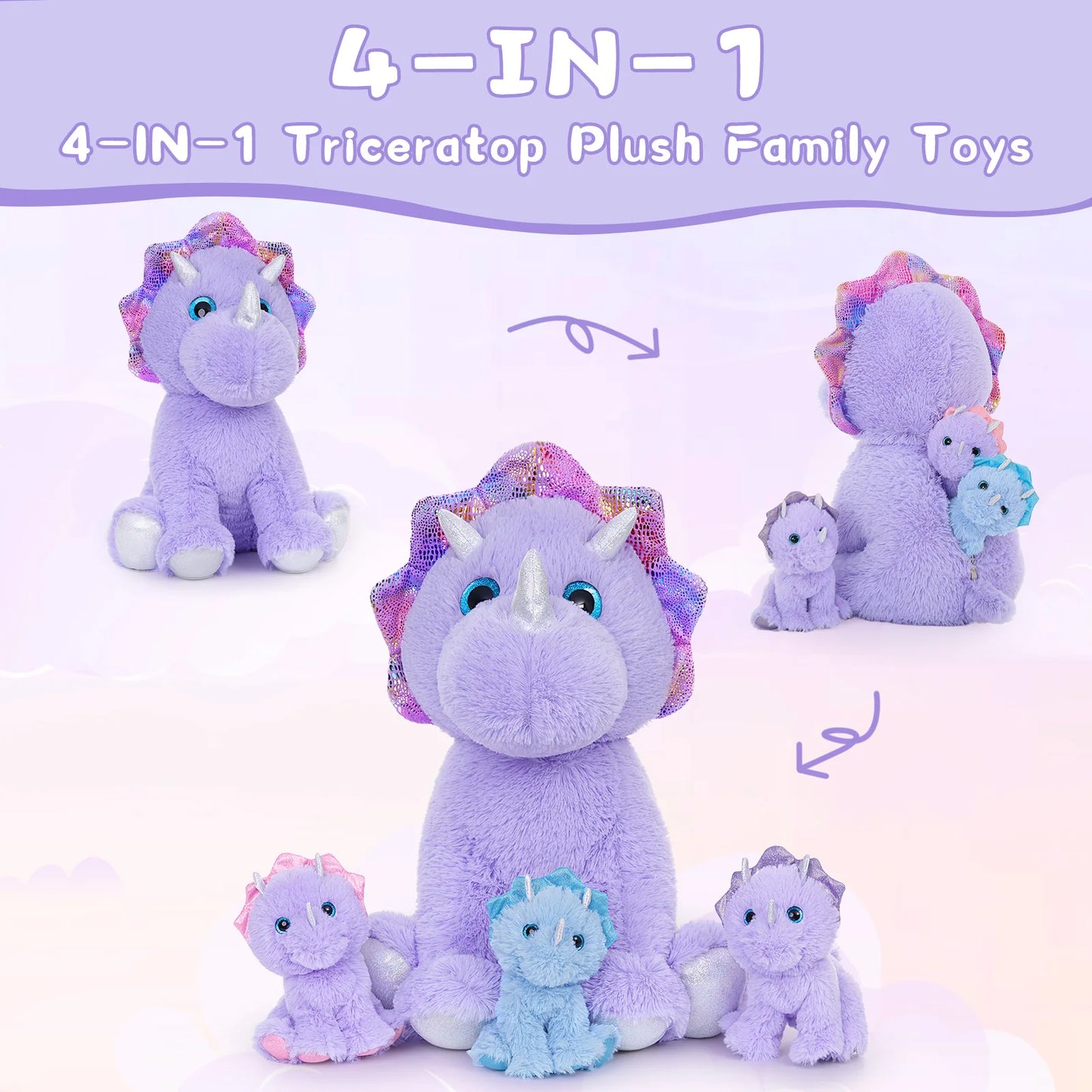 MaoGoLan Triceratops Stuffed Animal, 21" Purple Mommy Dinosaur Stuffed Animal with 3 Babies, Giant Dinosaur Plush Pillow Toy Set