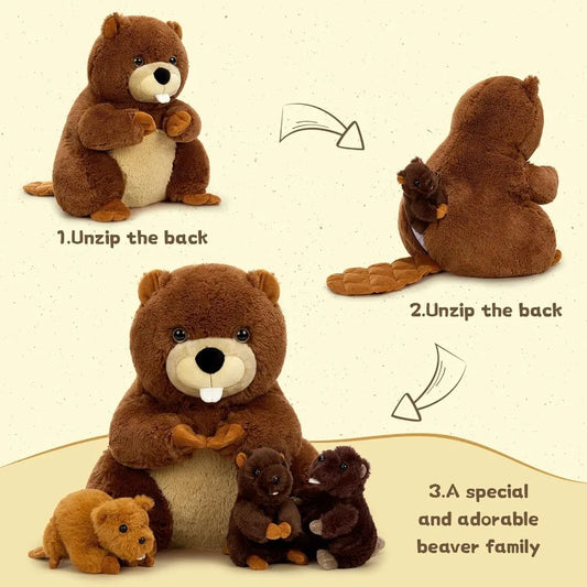 4Pcs Fluffy Giant Beaver Stuffed Animals with Three Babies Inside 17.7 Plush Toys for Teens Baby Shower Christmas Gift Soft Bro