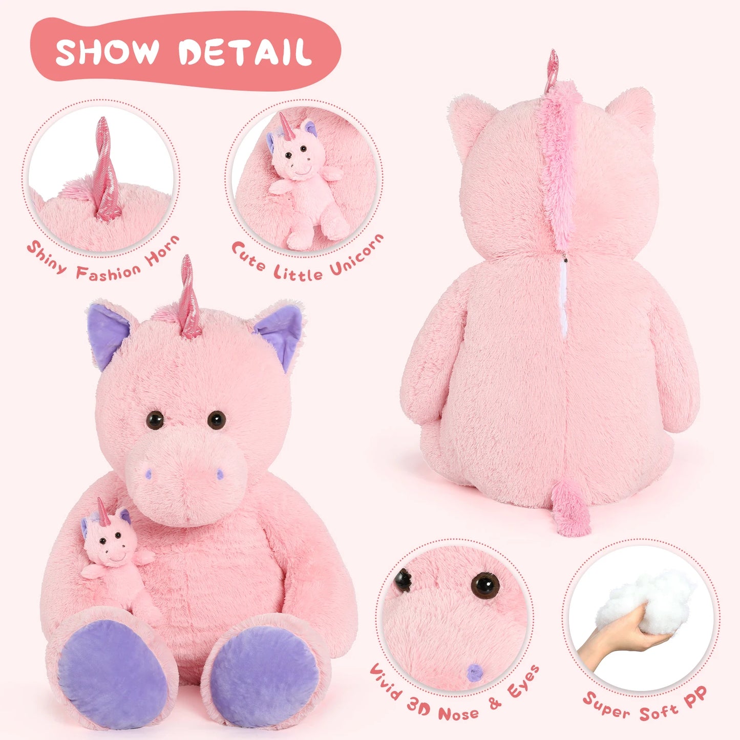 MorisMos Giant Stuffed Unicorn 4 Foot, 51'' Giant Unicorn Stuffed Animal with Baby Pony Doll for Girl Boy Kid Mother, Jumbo Pink