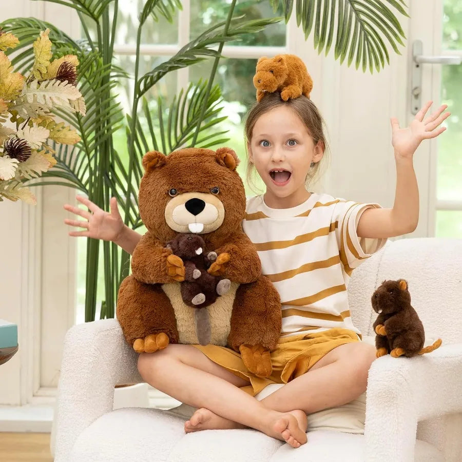 4Pcs Fluffy Giant Beaver Stuffed Animals with Three Babies Inside 17.7 Plush Toys for Teens Baby Shower Christmas Gift Soft Bro