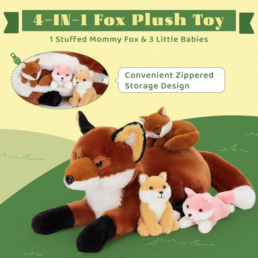 4Pcs Fox Stuffed Animal Set Large Red Fox Plush 22 Inch with 3 Baby Foxes in Zippered Tummy Christmas Plushie Toy Gift for Girl