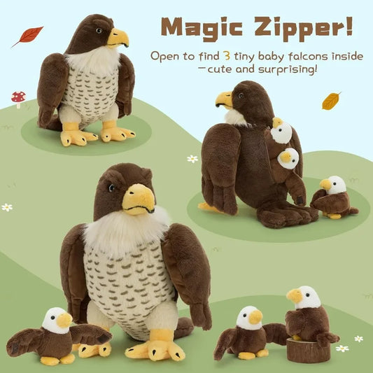 4 Pcs Peregrine Falcon Stuffed Animals Family Set - Big Parent Falcon Plush 14 - Includes 3 Detachable Baby Birds with Magic-Ta