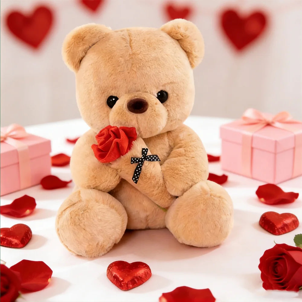 Cute Rose Bear Plush Toy Stuffed Animal Doll Romantic Gift for Girlfriend Valentines Day Birthday and Anniversary Present