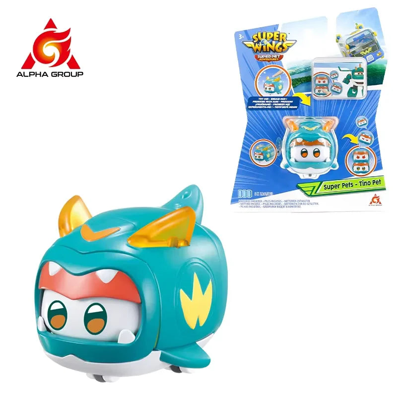 Super Wings Super Pet-Tino Pet Dinosaur With Sparkling Light Slide Face to Change Emotion Kid Stackable Toy Christmas Gift