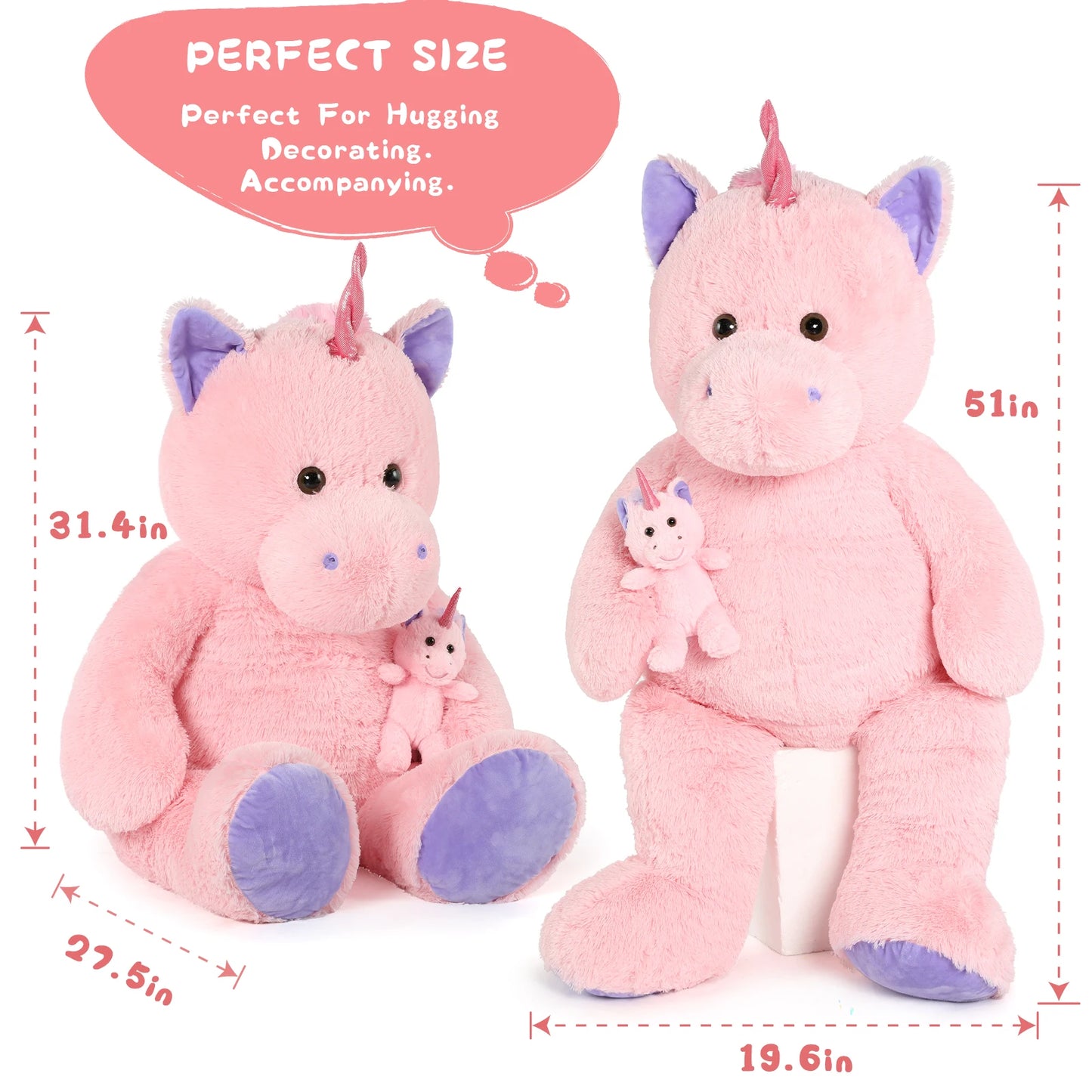 MorisMos Giant Stuffed Unicorn 4 Foot, 51'' Giant Unicorn Stuffed Animal with Baby Pony Doll for Girl Boy Kid Mother, Jumbo Pink