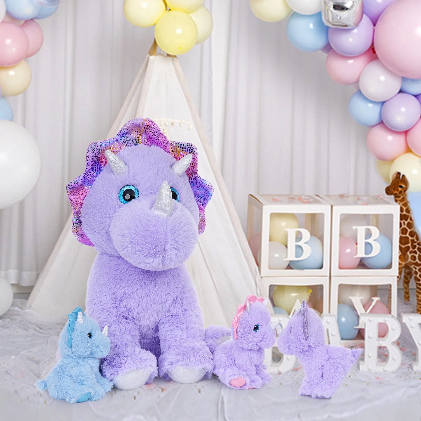 MaoGoLan Triceratops Stuffed Animal, 21" Purple Mommy Dinosaur Stuffed Animal with 3 Babies, Giant Dinosaur Plush Pillow Toy Set