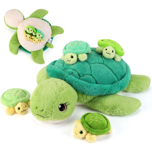 5 Pieces Turtle Stuffed Animals - 1 Mommy Stuffed Turtle with 4 Babies - Tortoise Plush Toys for Girls Age 3-8 - Soft White and