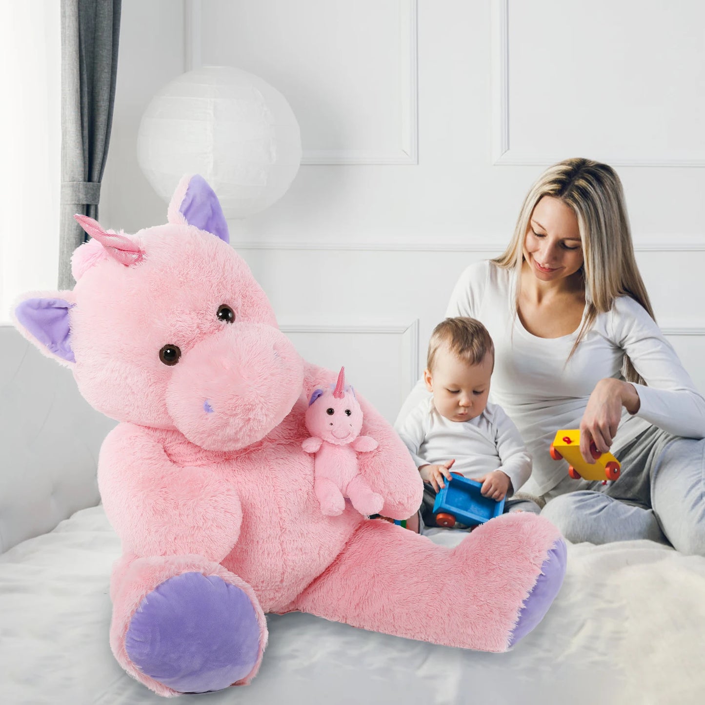 MorisMos Giant Stuffed Unicorn 4 Foot, 51'' Giant Unicorn Stuffed Animal with Baby Pony Doll for Girl Boy Kid Mother, Jumbo Pink