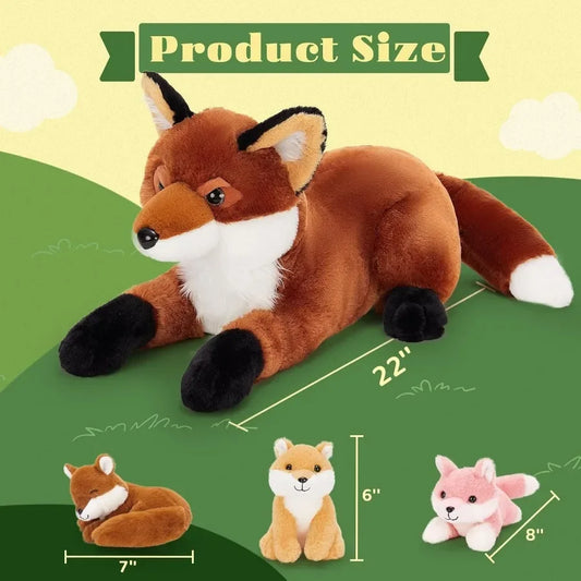 4Pcs Fox Stuffed Animal Set Large Red Fox Plush 22 Inch with 3 Baby Foxes in Zippered Tummy Christmas Plushie Toy Gift for Girl