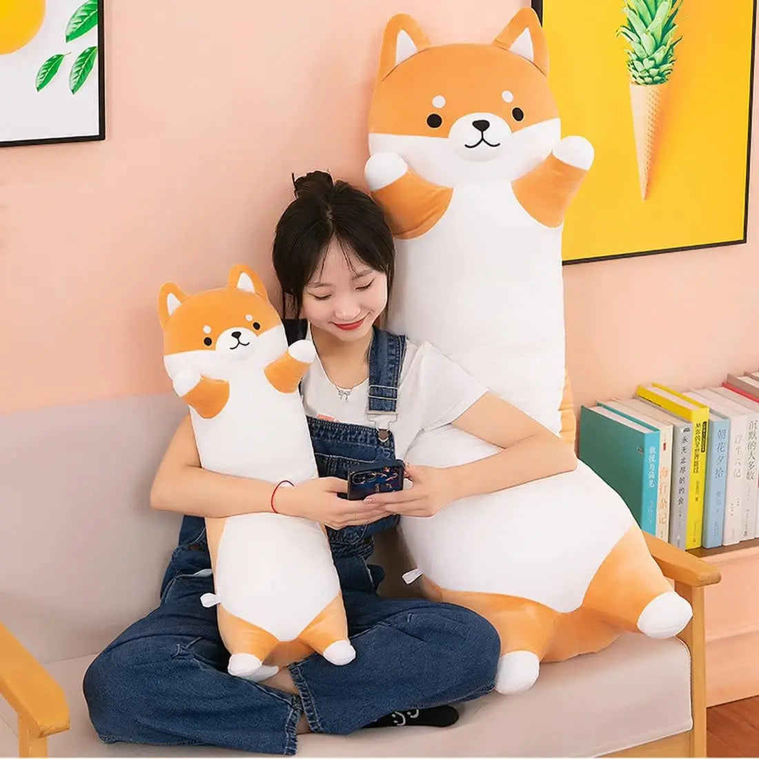 SNOWOLF Shiba Inu Dog Plush Pillow 43'' Cute Long Corgi Akita Soft Plush Toy Comfort Body Cushion Gifts for Girls Boy