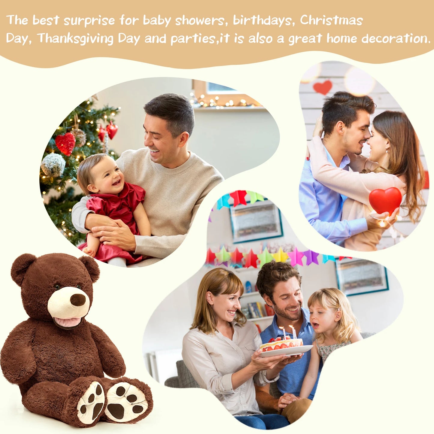 MorisMos Giant Teddy Bear, 39inch Large Stuffed Animals with Big Footprints Plush Stuffed Bears Gift for Kids, Dark Brown