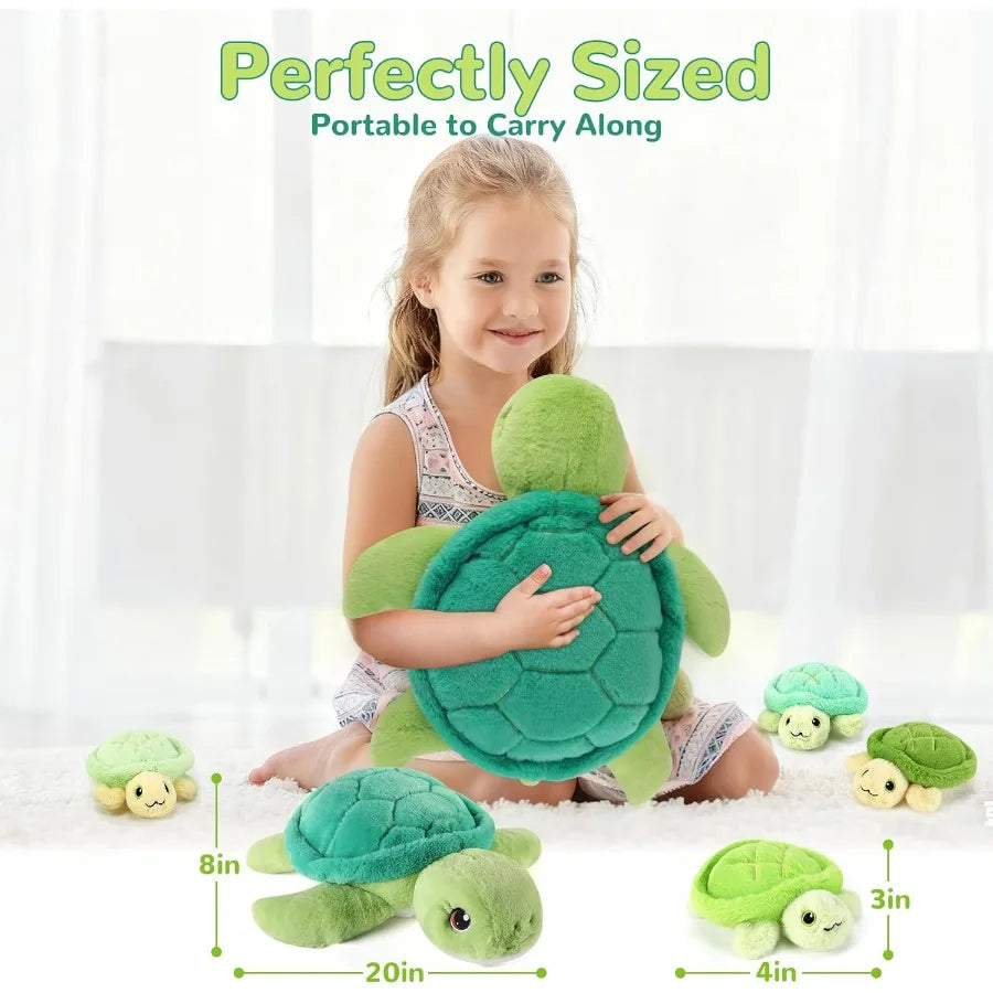 5 Pieces Turtle Stuffed Animals - 1 Mommy Stuffed Turtle with 4 Babies - Tortoise Plush Toys for Girls Age 3-8 - Soft White and
