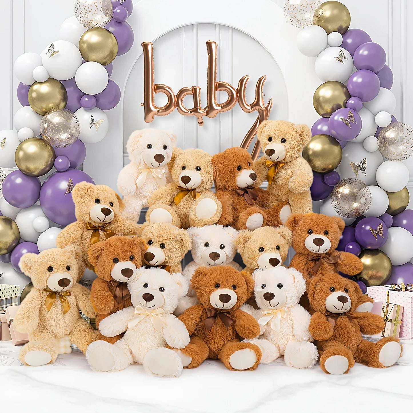 15pcs Soft Plush Teddy Bears in Light Brown & White - Perfect for Youngsters Showers, Gender Reveal Party Favors