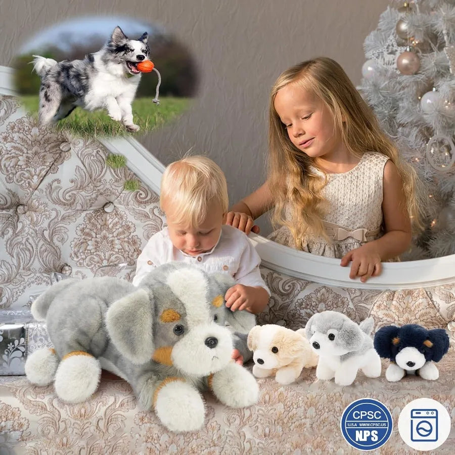 5Pcs Australian Shepherd Dog Stuffed Animals 24'' Large Mommy with 4 Puppies Plush Toy for Girl Boy Realistic Border Collie Des